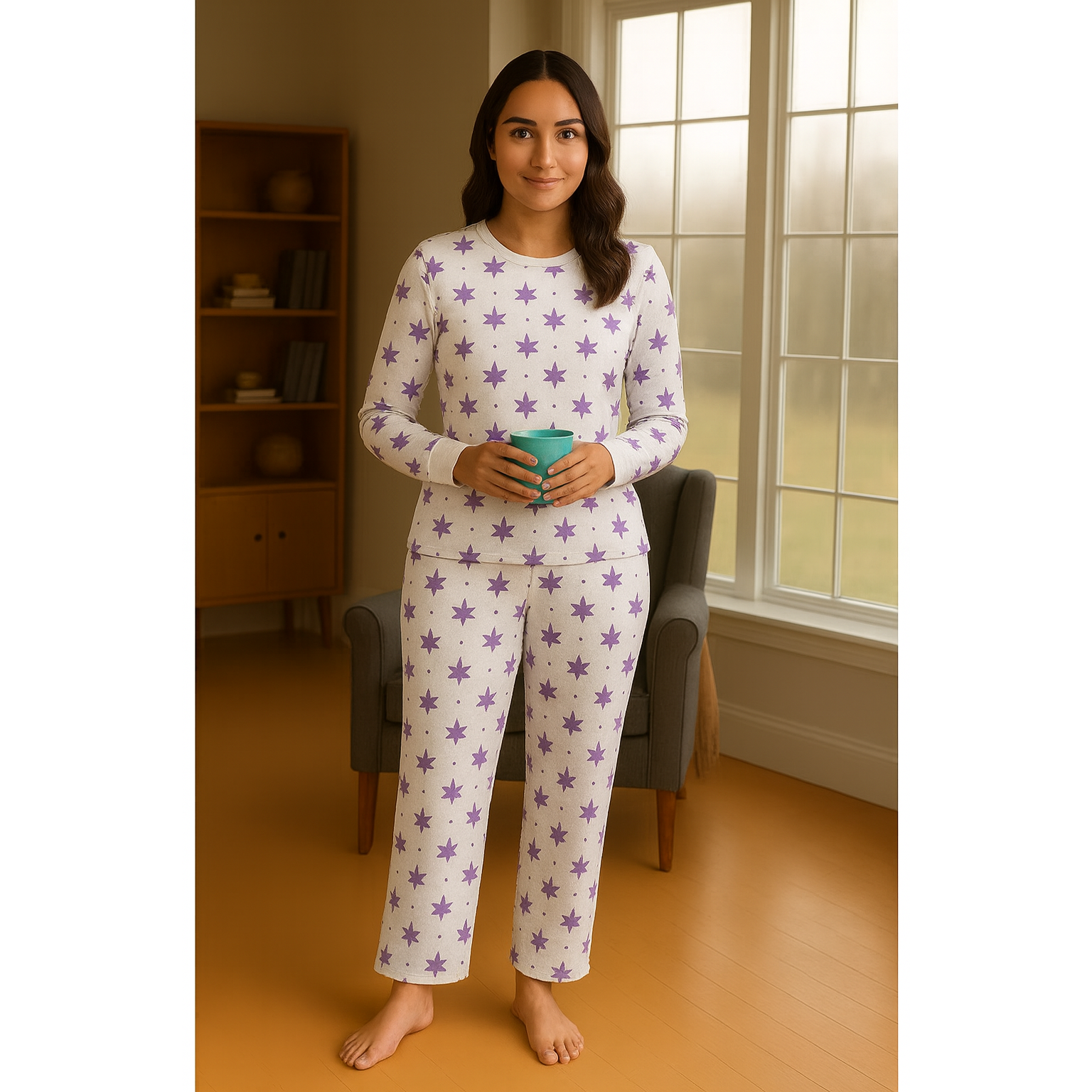 Women's Maple Leaf Print Pajama Set, Long Sleeve, White and Purple Cotton Loungewear, Casual Sleepwear , up to 90 KG