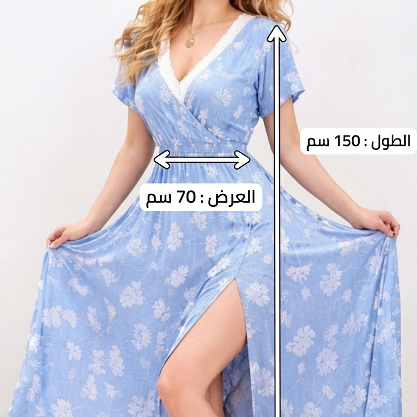 Women's Floral Maxi Dress, V-Neck with Lace Detail, Short Sleeve, Side Slit, Flowy Summer Style - lycra butter material - Up to 75 KG