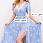 فستان نسائي ماكسي بنقشة زهور، بياقة V وتفاصيل دانتيل، أكمام قصيرة، فتحة جانبية، بتصميم صيفي انسيابي - خامة ليكرا الناعمة - حتى 75 كجم