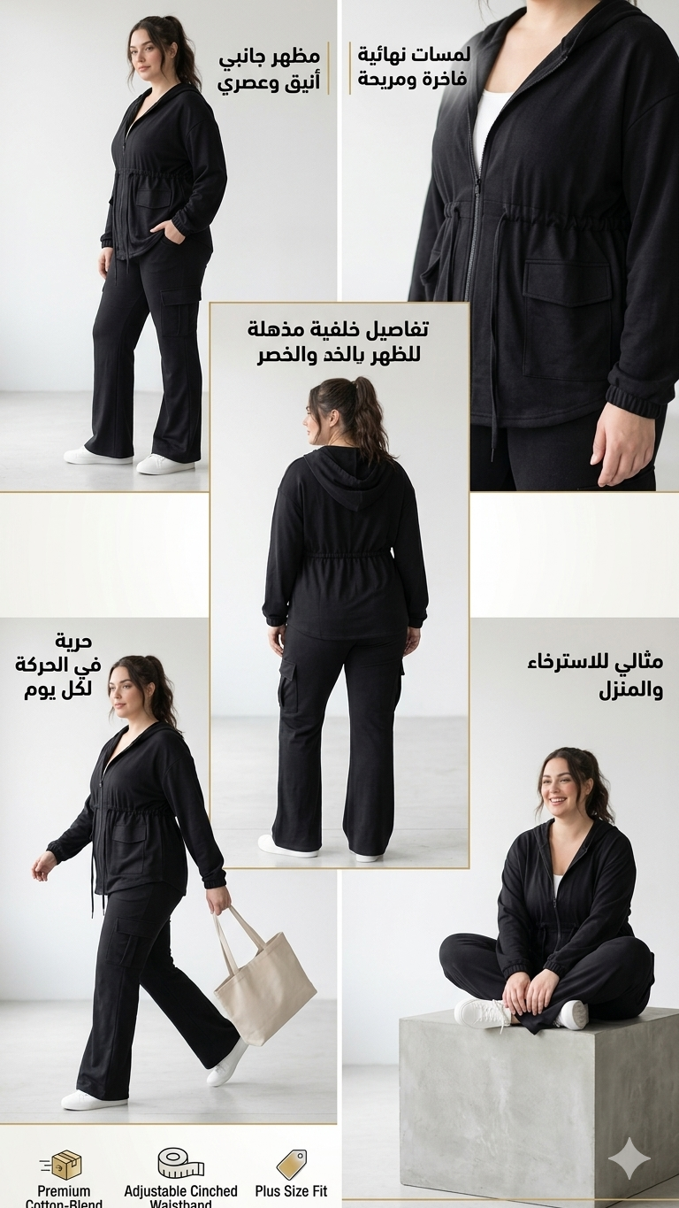 Women's 2-Piece Black Cargo Lounge Set - Full-Zip Hoodie Jacket with Ruched Waistband & Wide-Leg Flare Pants
