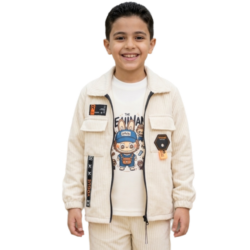 Boys' 2-Piece Casual Set - Corduroy Zip-Up Sweatshirt & Printed Waffle Knit T-Shirt
