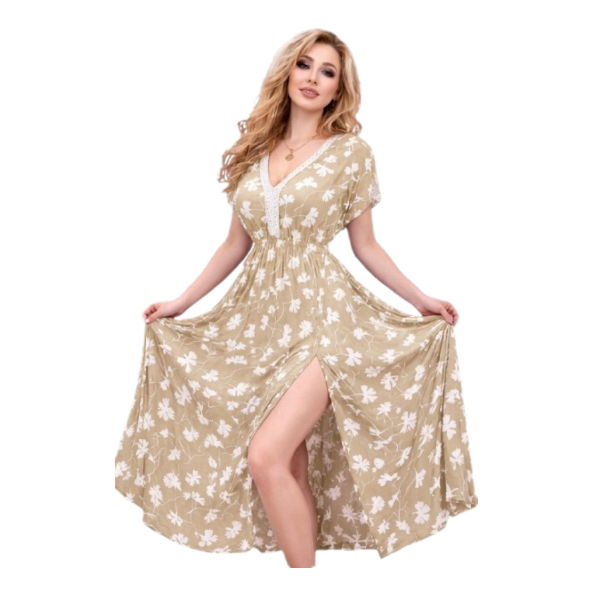 Women's Floral Maxi Dress, V-Neck with Lace Detail, Short Sleeve, Side Slit, Flowy Summer Style - lycra butter material - Up to 75 KG