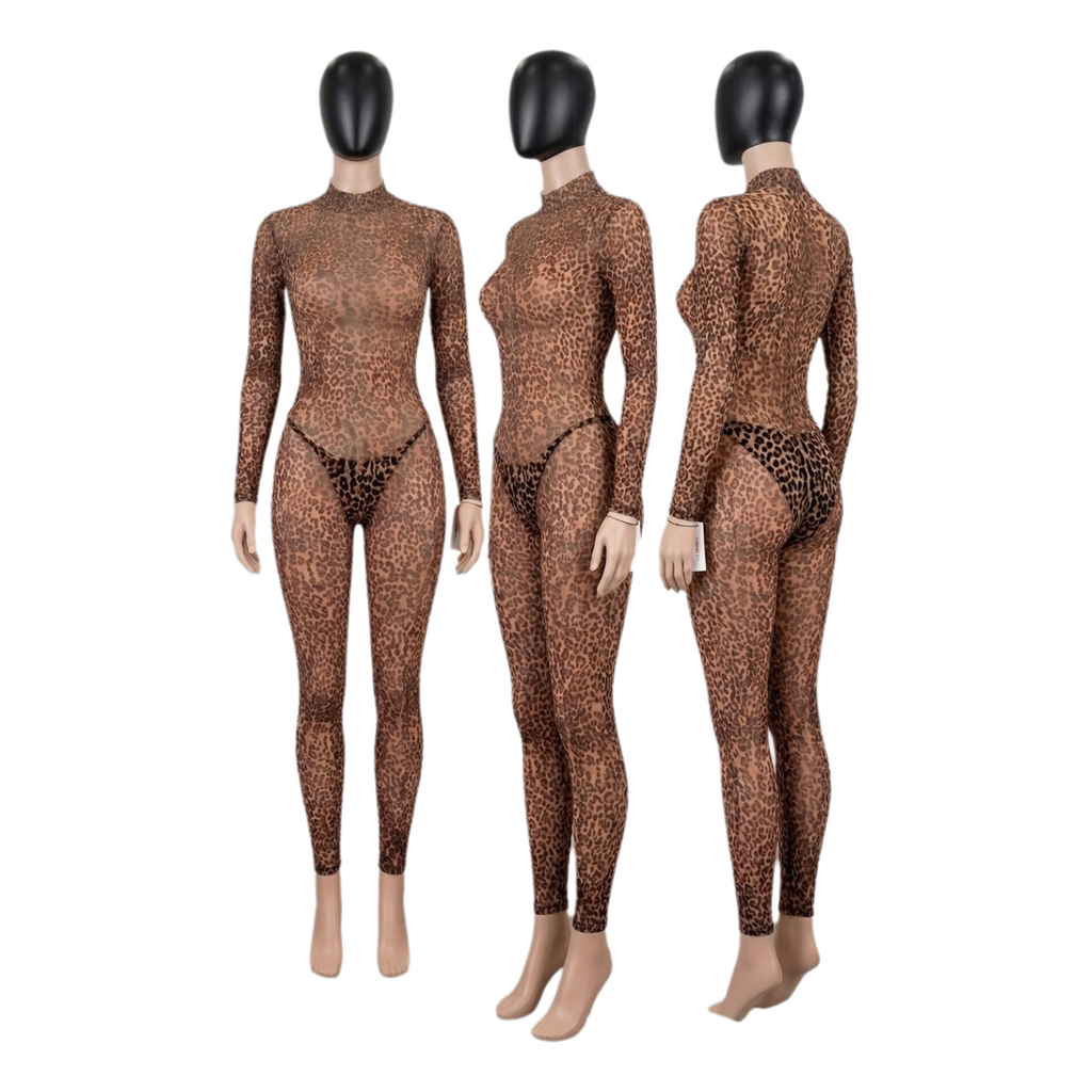 Women's Leopard Print Long Sleeve Jumpsuit - Slim Fit One-Piece Mesh Bodysuit Nightwear, Patterned Home Suit