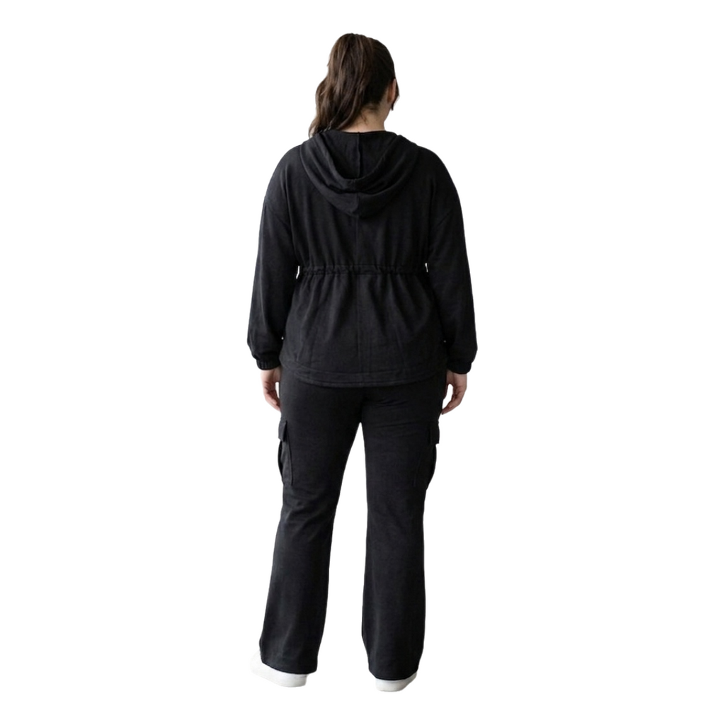 Women's 2-Piece Black Cargo Lounge Set - Full-Zip Hoodie Jacket with Ruched Waistband & Wide-Leg Flare Pants
