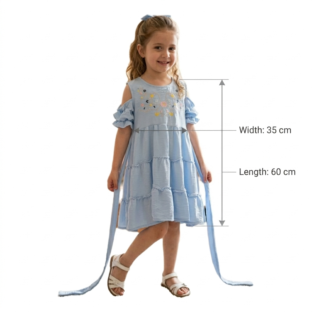 Girls' Summer Embroidered Sky Blue Dress – Soft Cotton – Cold-Shoulder Ruffle Design – Tiered Party Dress