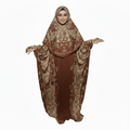 Elegant Modest Isdal, Traditional Long Sleeve Maxi Gown, Beige and Black Abstract Pattern, Fits Up to 115 KG