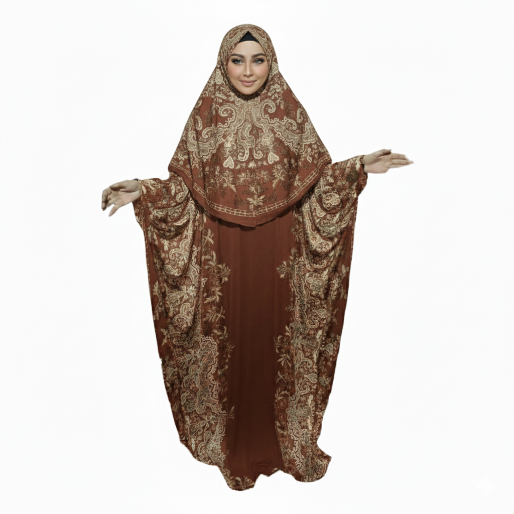 Elegant Modest Isdal, Traditional Long Sleeve Maxi Gown, Beige and Black Abstract Pattern, Fits Up to 115 KG