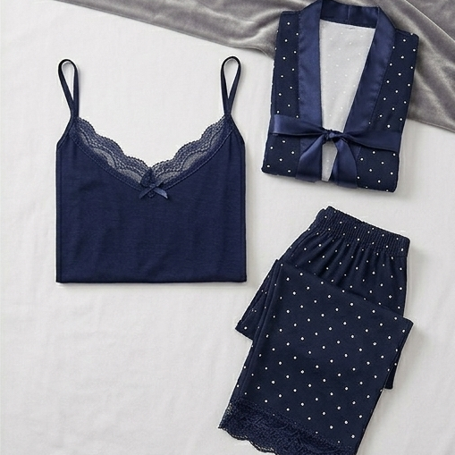 Women's 4-Piece Lingerie Pajama Set - Polka Dot Camisole, Pants & Robe - Navy Blue