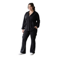 Women's 2-Piece Black Cargo Lounge Set - Full-Zip Hoodie Jacket with Ruched Waistband & Wide-Leg Flare Pants