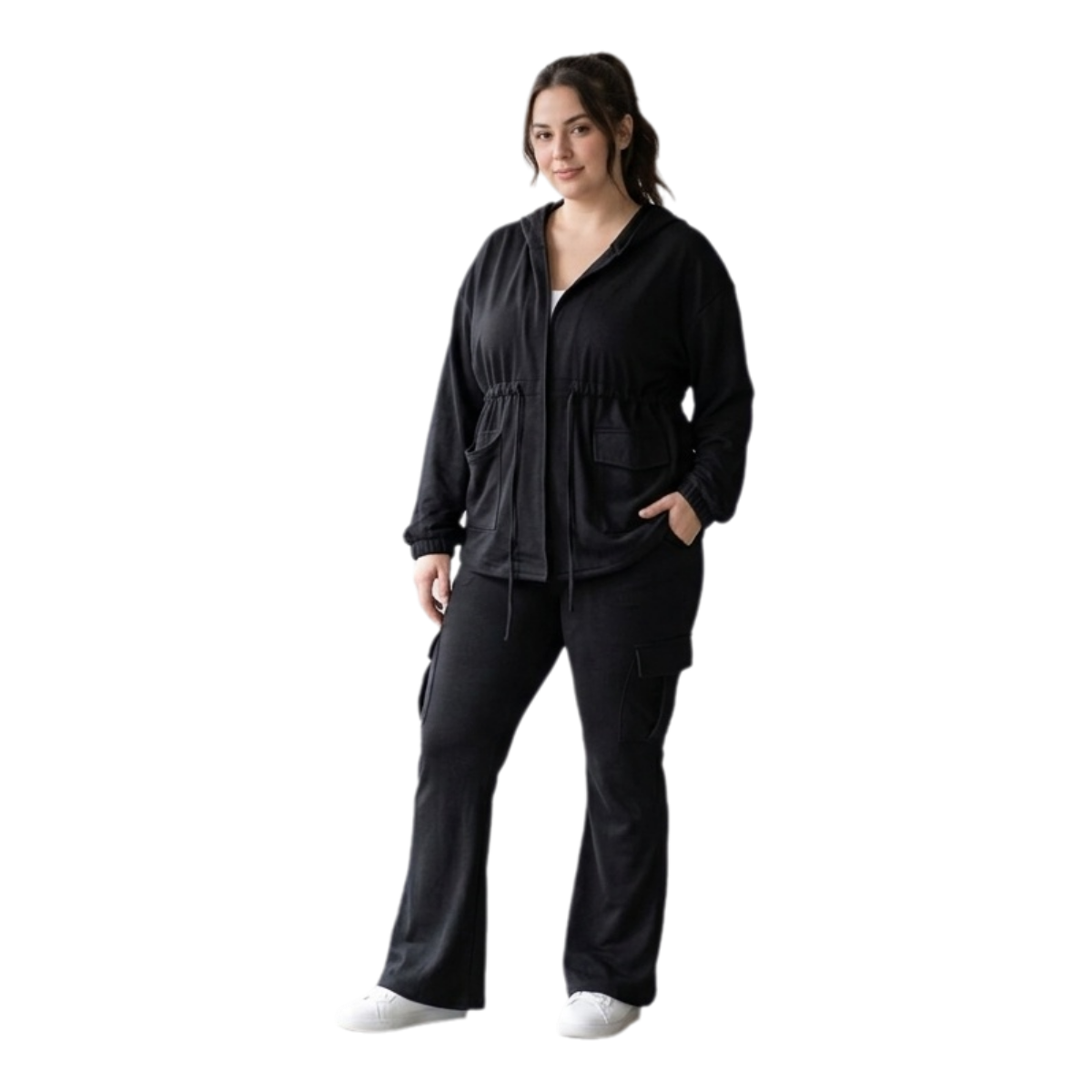 Women's 2-Piece Black Cargo Lounge Set - Full-Zip Hoodie Jacket with Ruched Waistband & Wide-Leg Flare Pants