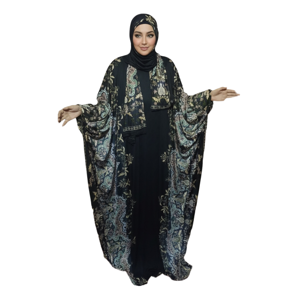 Elegant Modest Isdal, Traditional Long Sleeve Maxi Gown, Beige and Black Abstract Pattern, Fits Up to 115 KG