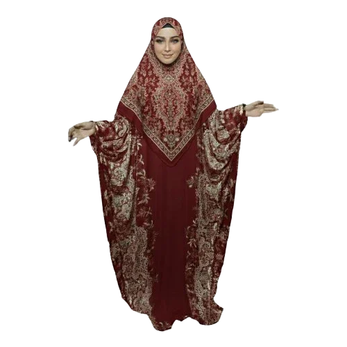 Elegant maroon abaya with gold embroidery, modest Islamic dress for women, stylish hijab outfit