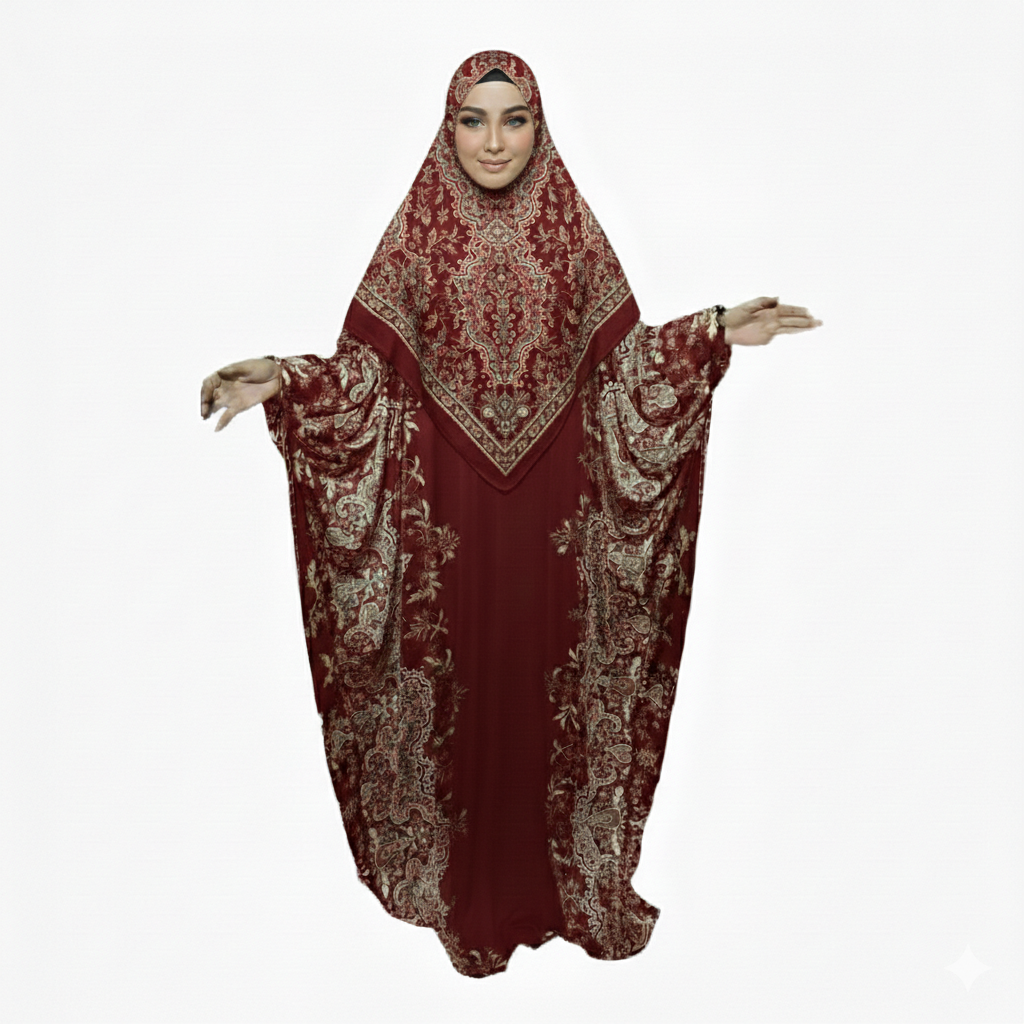 Elegant Modest Isdal, Traditional Long Sleeve Maxi Gown, Beige and Black Abstract Pattern, Fits Up to 115 KG