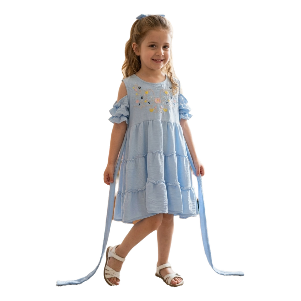 Girls' Summer Embroidered Sky Blue Dress – Soft Cotton – Cold-Shoulder Ruffle Design – Tiered Party Dress