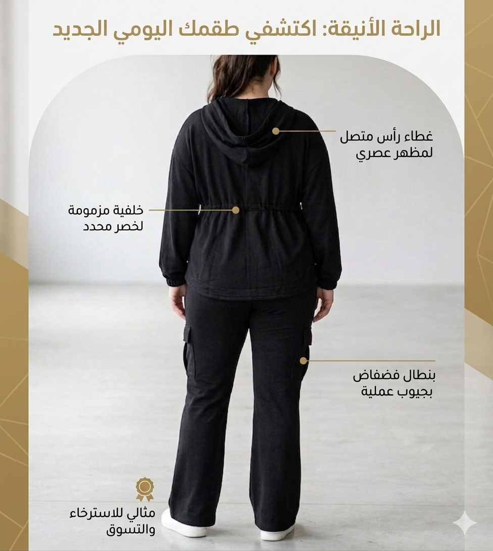 Women's 2-Piece Black Cargo Lounge Set - Full-Zip Hoodie Jacket with Ruched Waistband & Wide-Leg Flare Pants