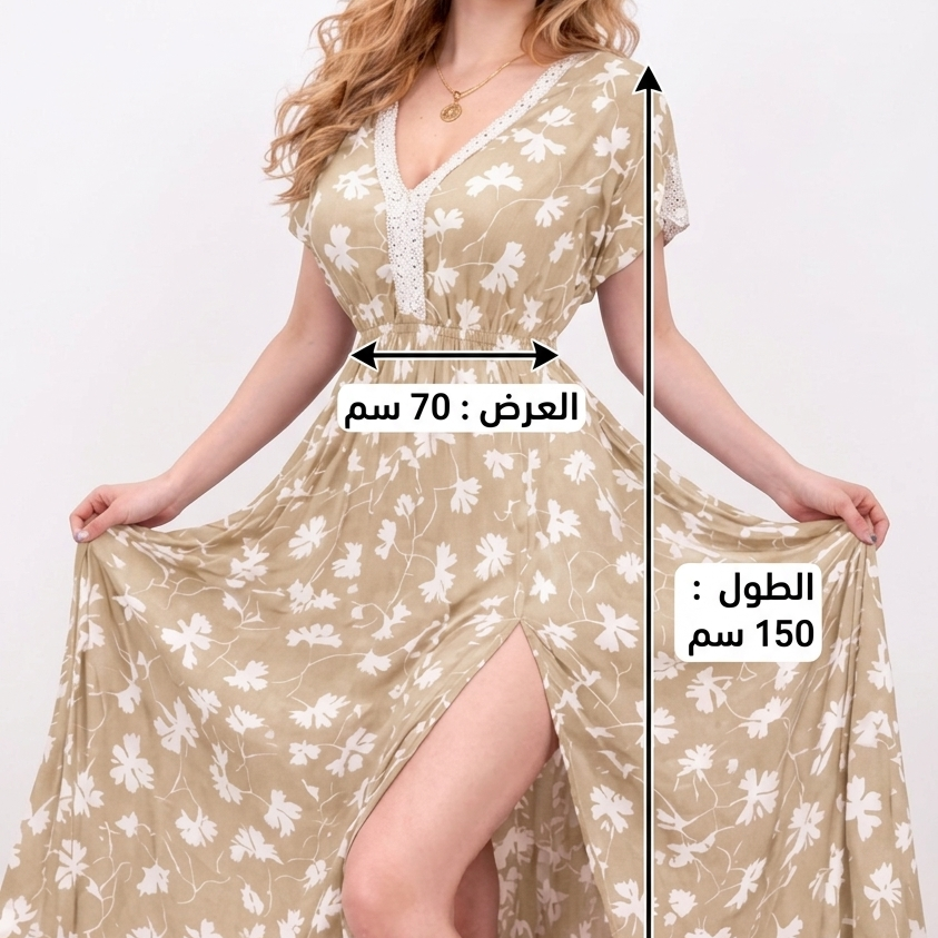 Women's Floral Maxi Dress, V-Neck with Lace Detail, Short Sleeve, Side Slit, Flowy Summer Style - lycra butter material - Up to 75 KG