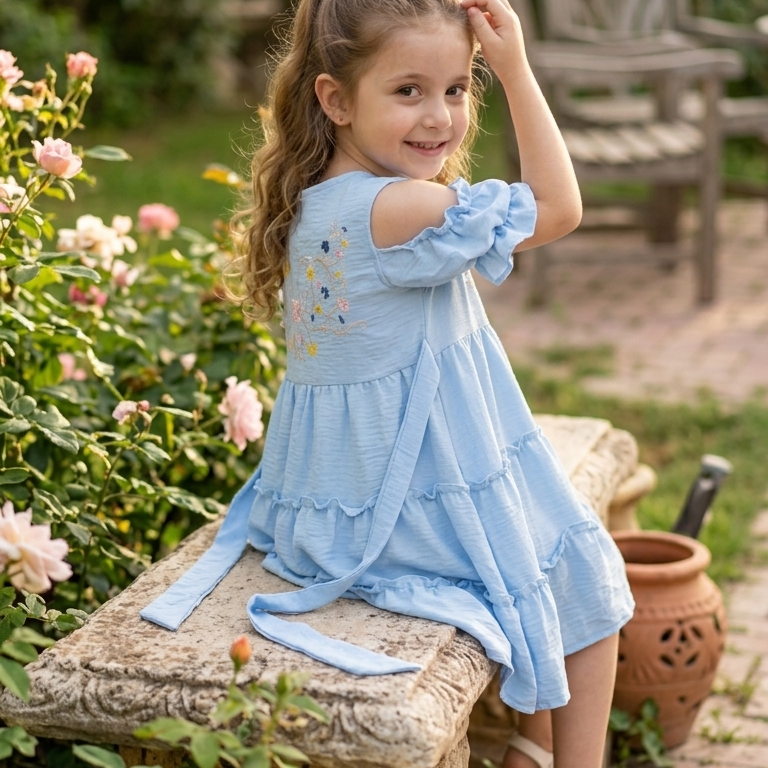 Girls' Summer Embroidered Sky Blue Dress – Soft Cotton – Cold-Shoulder Ruffle Design – Tiered Party Dress