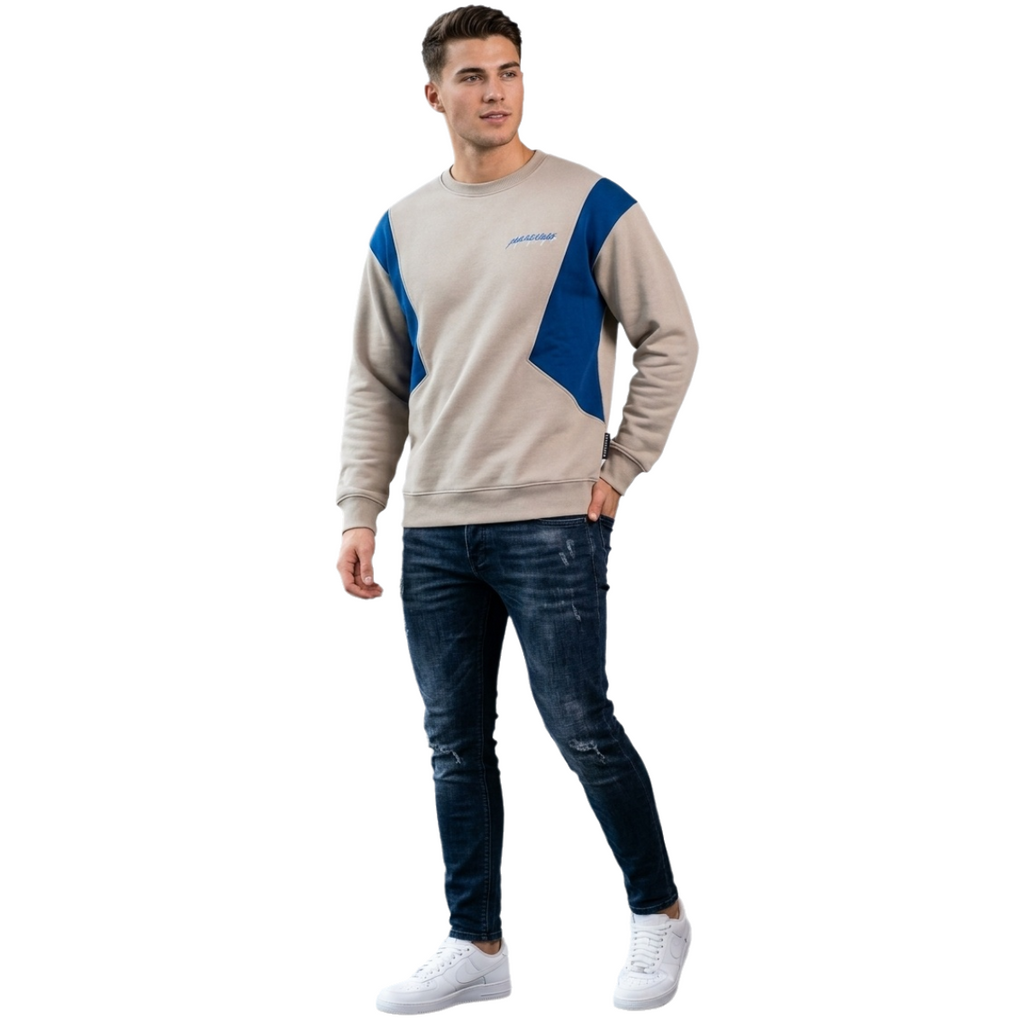 Men’s Casual Round Neck Sweatshirt, Modern Geometric Panel Design, Comfortable Long Sleeve Pullover - Beige/Blue