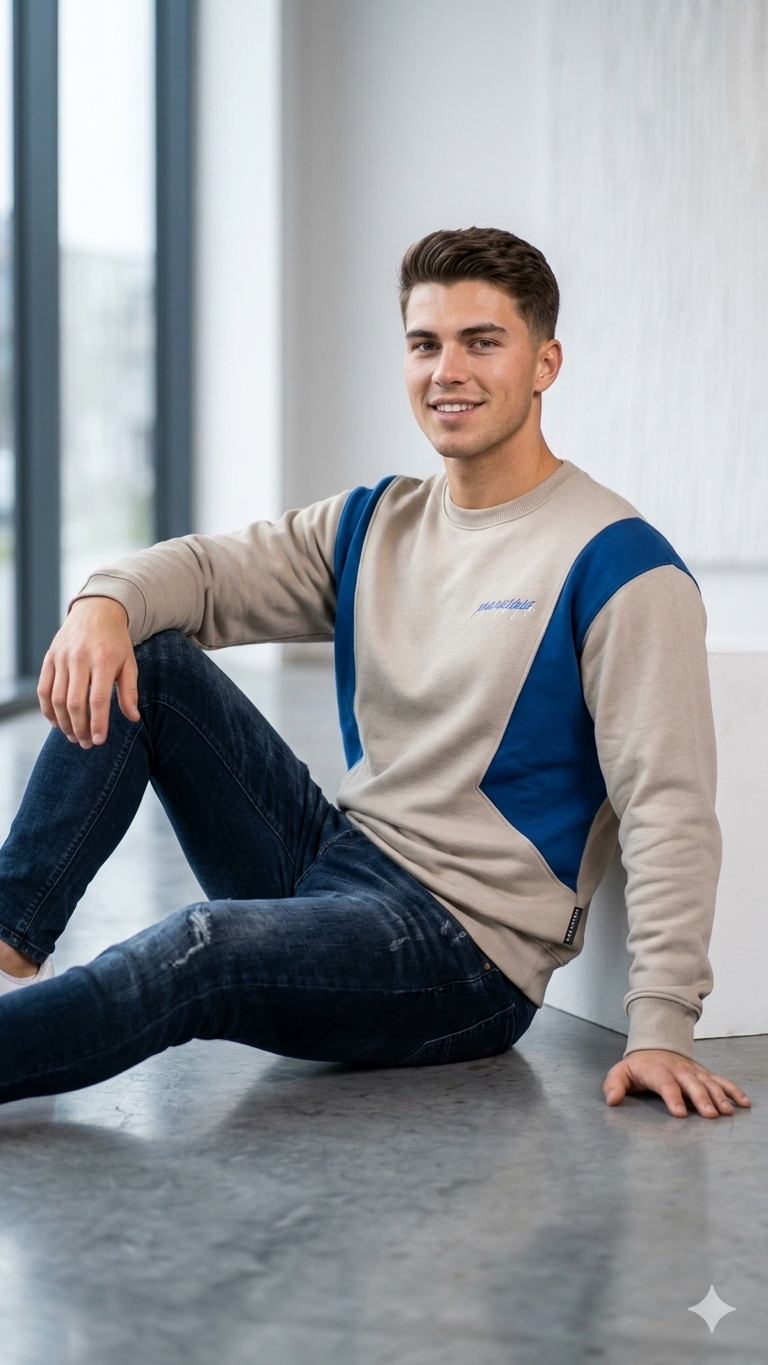 Men’s Casual Round Neck Sweatshirt, Modern Geometric Panel Design, Comfortable Long Sleeve Pullover - Beige/Blue
