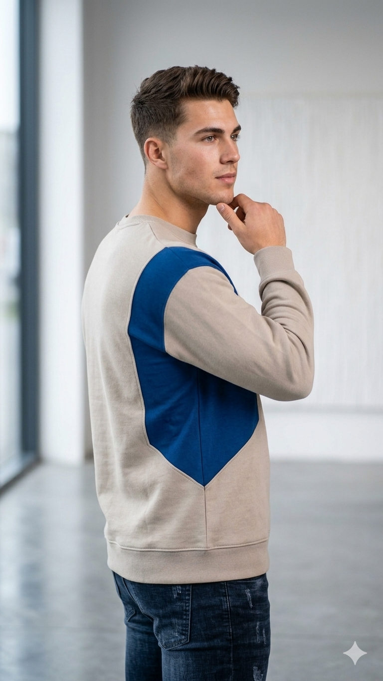 Men’s Casual Round Neck Sweatshirt, Modern Geometric Panel Design, Comfortable Long Sleeve Pullover - Beige/Blue