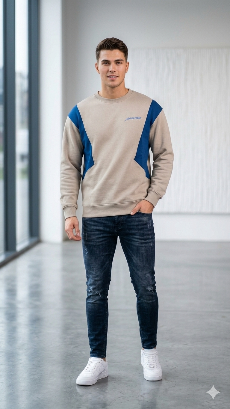 Men’s Casual Round Neck Sweatshirt, Modern Geometric Panel Design, Comfortable Long Sleeve Pullover - Beige/Blue