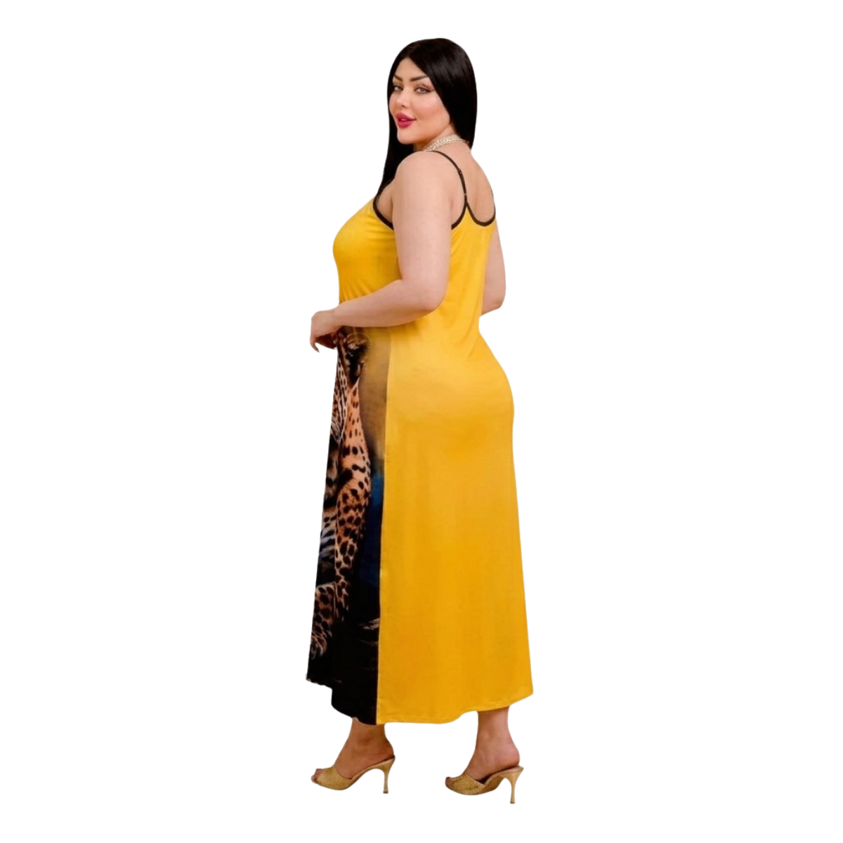 Women's Cheetah Print Slip Dress - Summer Lounge Wear Nightgown, Yellow & Black-Up to 85 KG