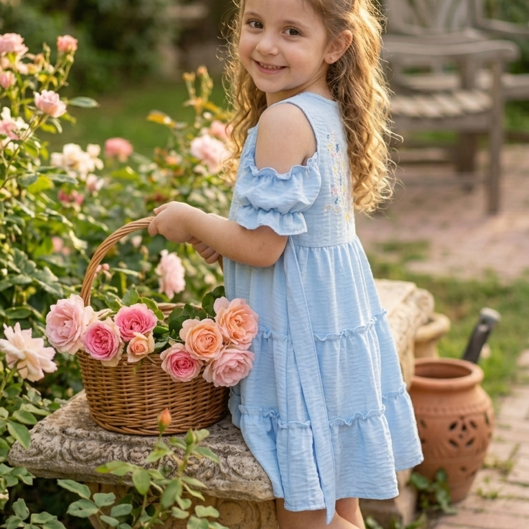 Girls' Summer Embroidered Sky Blue Dress – Soft Cotton – Cold-Shoulder Ruffle Design – Tiered Party Dress
