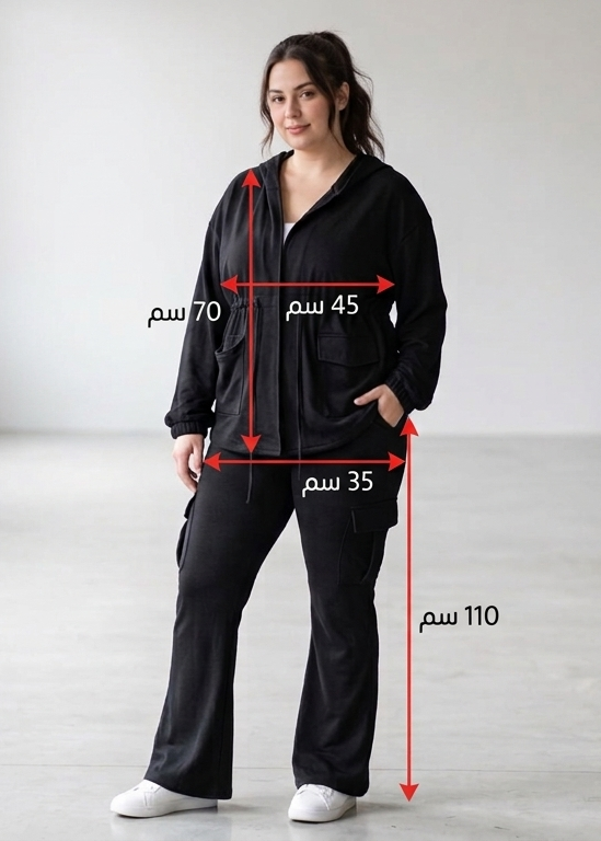 Women's 2-Piece Black Cargo Lounge Set - Full-Zip Hoodie Jacket with Ruched Waistband & Wide-Leg Flare Pants
