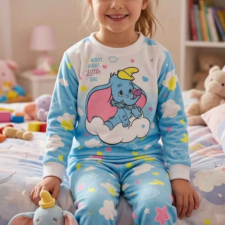 Kids' Winter "Milton" Fleece Pajama Set - Dumbo Character Design - Light Blue & White