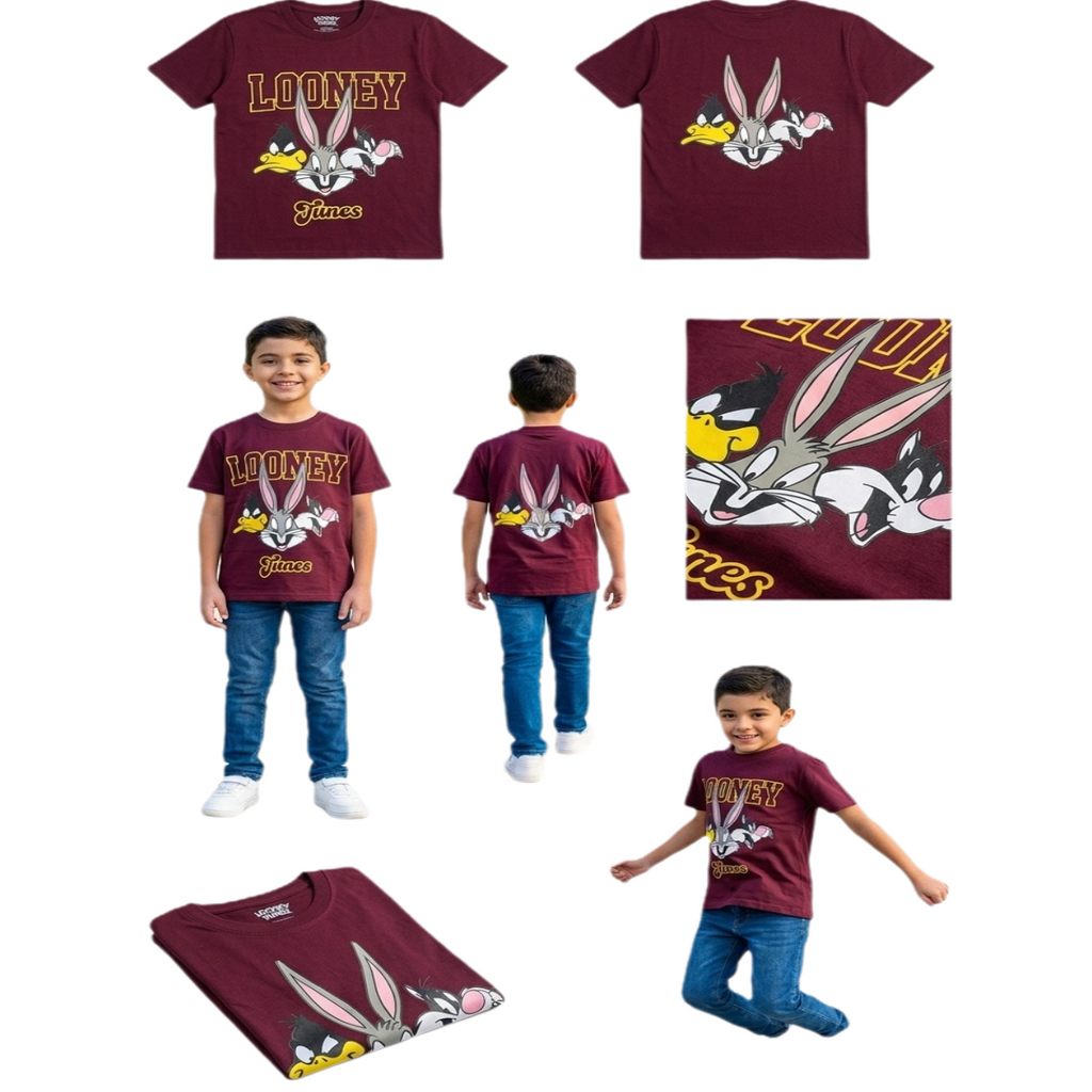 Kids Boys Looney Tunes Cotton T-Shirt - Bugs Bunny, Daffy Duck & Sylvester Graphic Tee