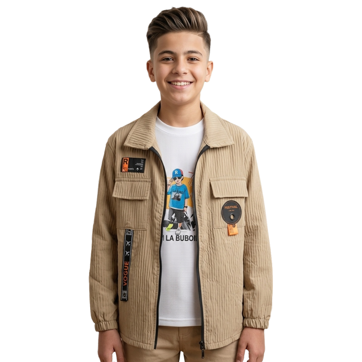 Boys' 2-Piece Casual Set - Corduroy Zip-Up Sweatshirt & Printed Waffle Knit T-Shirt
