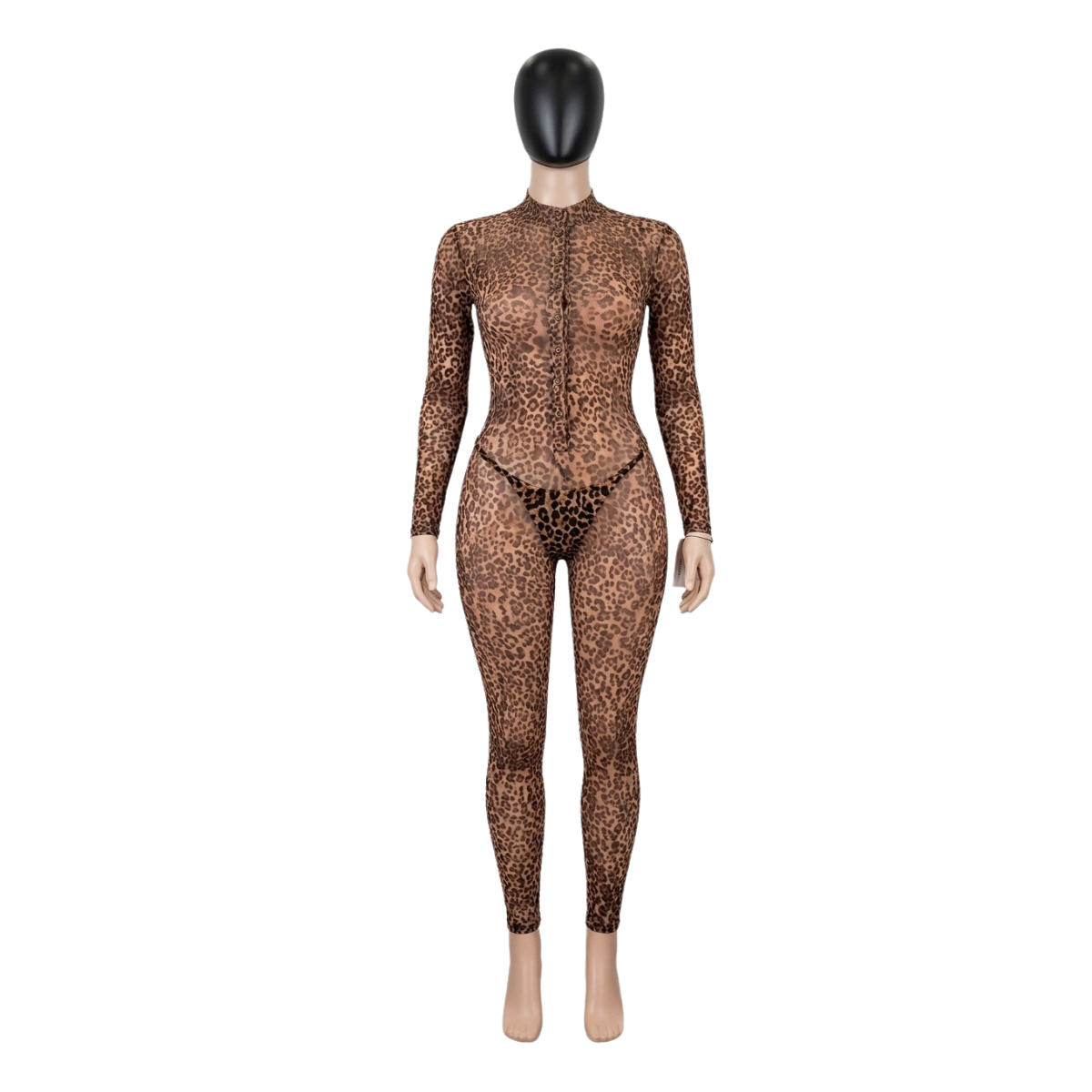 Women's Leopard Print Long Sleeve Jumpsuit - Slim Fit One-Piece Mesh Bodysuit Nightwear, Patterned Home Suit