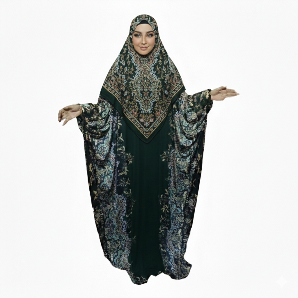 Elegant Modest Isdal, Traditional Long Sleeve Maxi Gown, Beige and Black Abstract Pattern, Fits Up to 115 KG