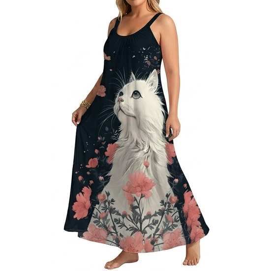 Women's Sleeveless Maxi Dress with Artistic White Cat & Floral Print - Casual Summer Long Dress - Up to 70 KG
