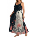 Women's Sleeveless Maxi Dress with Artistic White Cat & Floral Print - Casual Summer Long Dress - Up to 70 KG