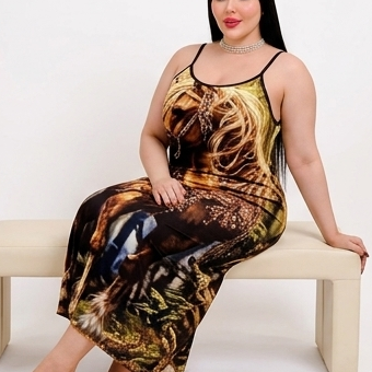Women's Plus Size Sleeveless Midi Dress | Majestic Golden Horse Graphic Print Casual Sundress- Up to 85 KG