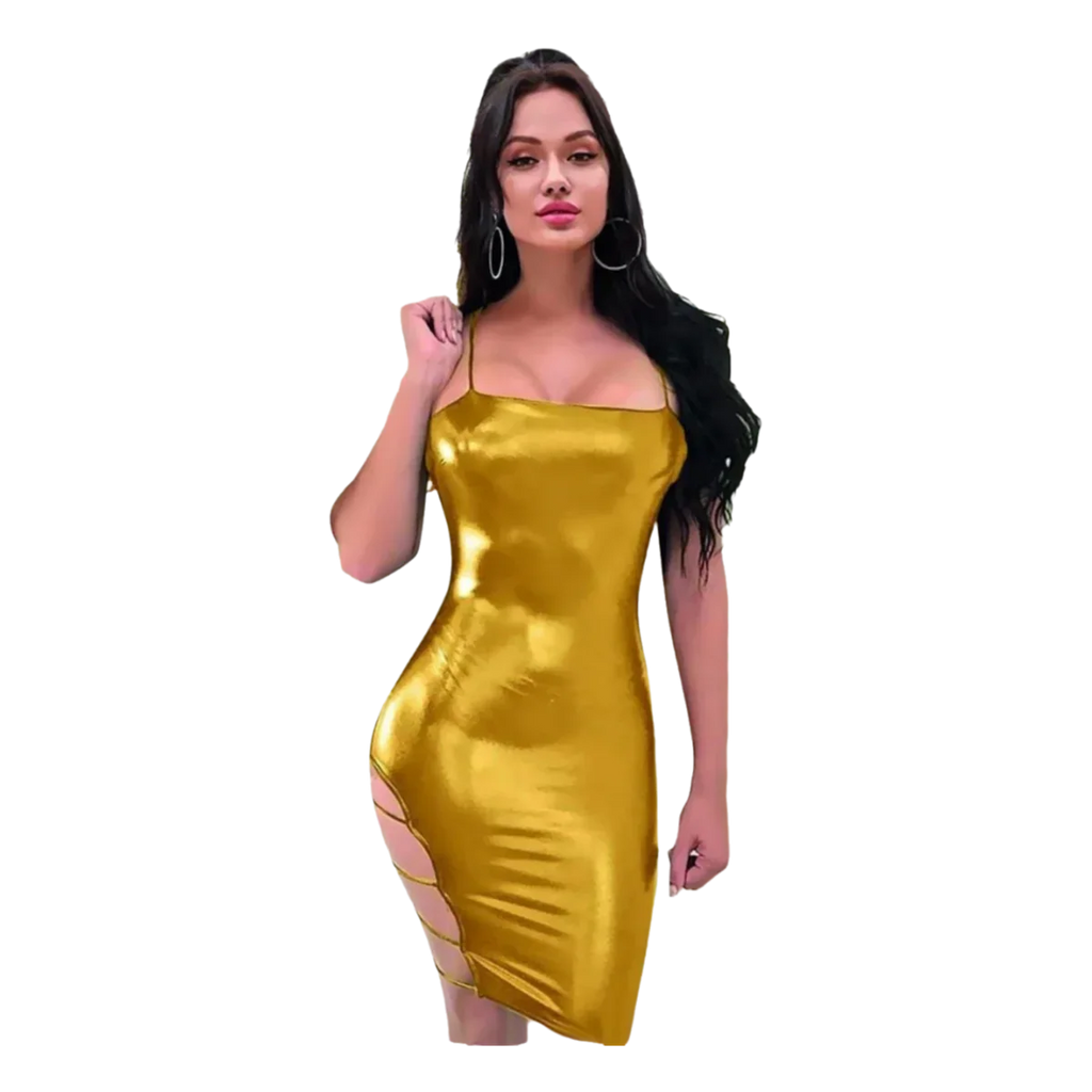 Shiny gold bodycon dress with side cutouts, perfect for parties and nights out in Egypt