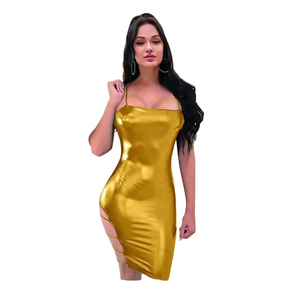 Shiny gold bodycon dress with side cutouts, perfect for parties and nights out in Egypt