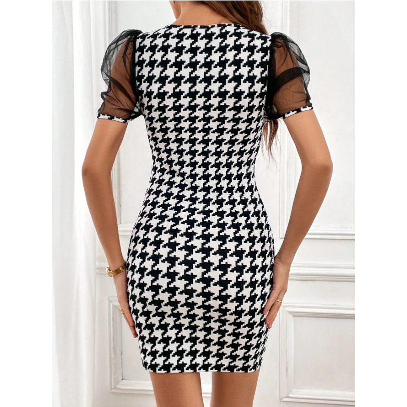 Elegant Houndstooth Bodycon Mini Dress with Sheer Puff Sleeves