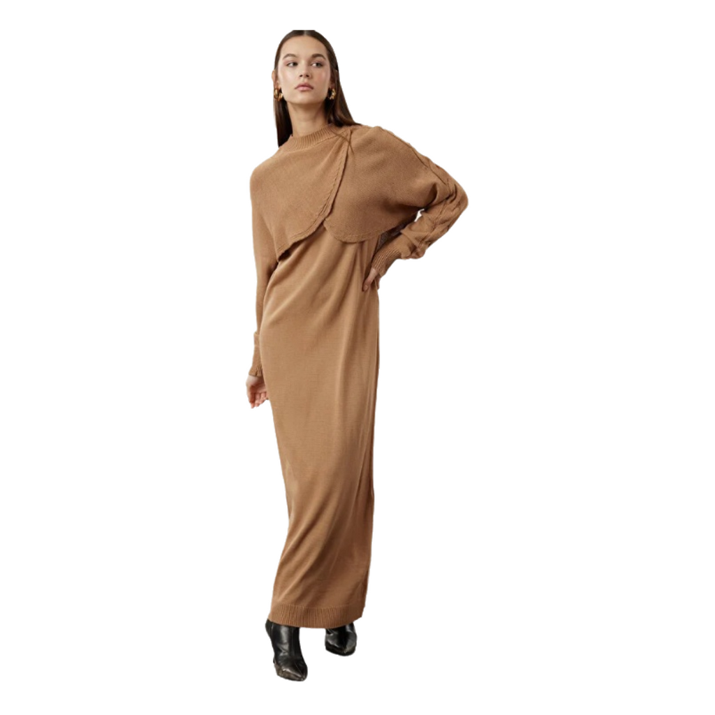 Women's 2-Piece Knit Maxi Dress & Bolero Sweater Set - Camel Brown