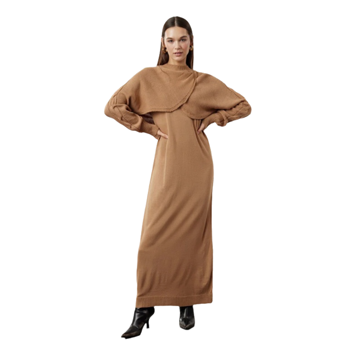 Women's 2-Piece Knit Maxi Dress & Bolero Sweater Set - Camel Brown