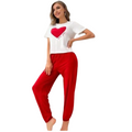 Women's 2-Piece Cotton Blend Loungewear Set - White & Red - Fits up to 75kg