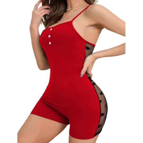 Women's Bodysuit Romper with Mesh Panel Detail, Butter Material, Spaghetti Strap, Fitted Style Up to 65 KG