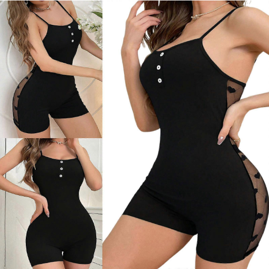 Women's Bodysuit Romper with Mesh Panel Detail, Butter Material, Spaghetti Strap, Fitted Style Up to 65 KG