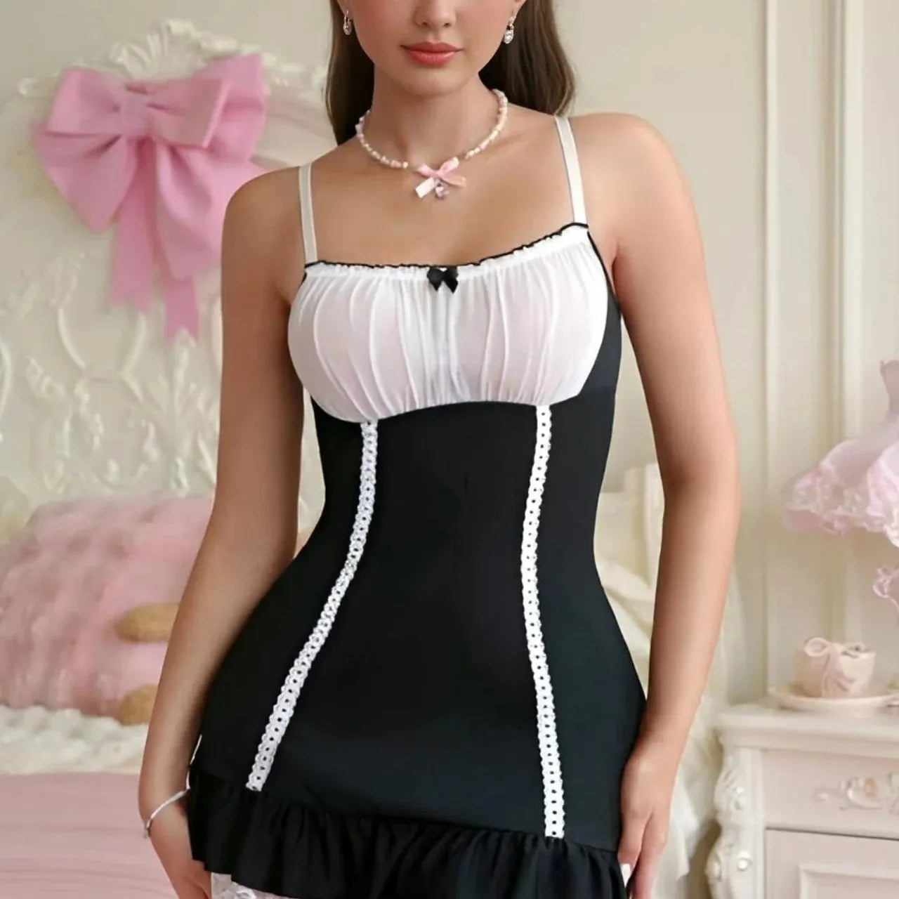 Women's nightwear Dress, Black and White Butter and Chiffon Material, Fits up to 85 KG