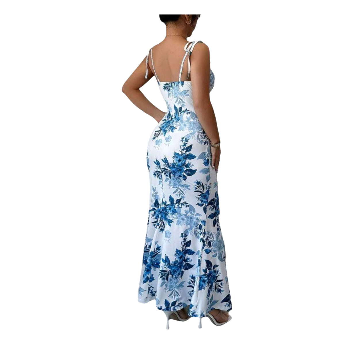 Floral Print Ruched Maxi Dress with Thigh Slit and Tie-Straps - Fit up to 65 KG