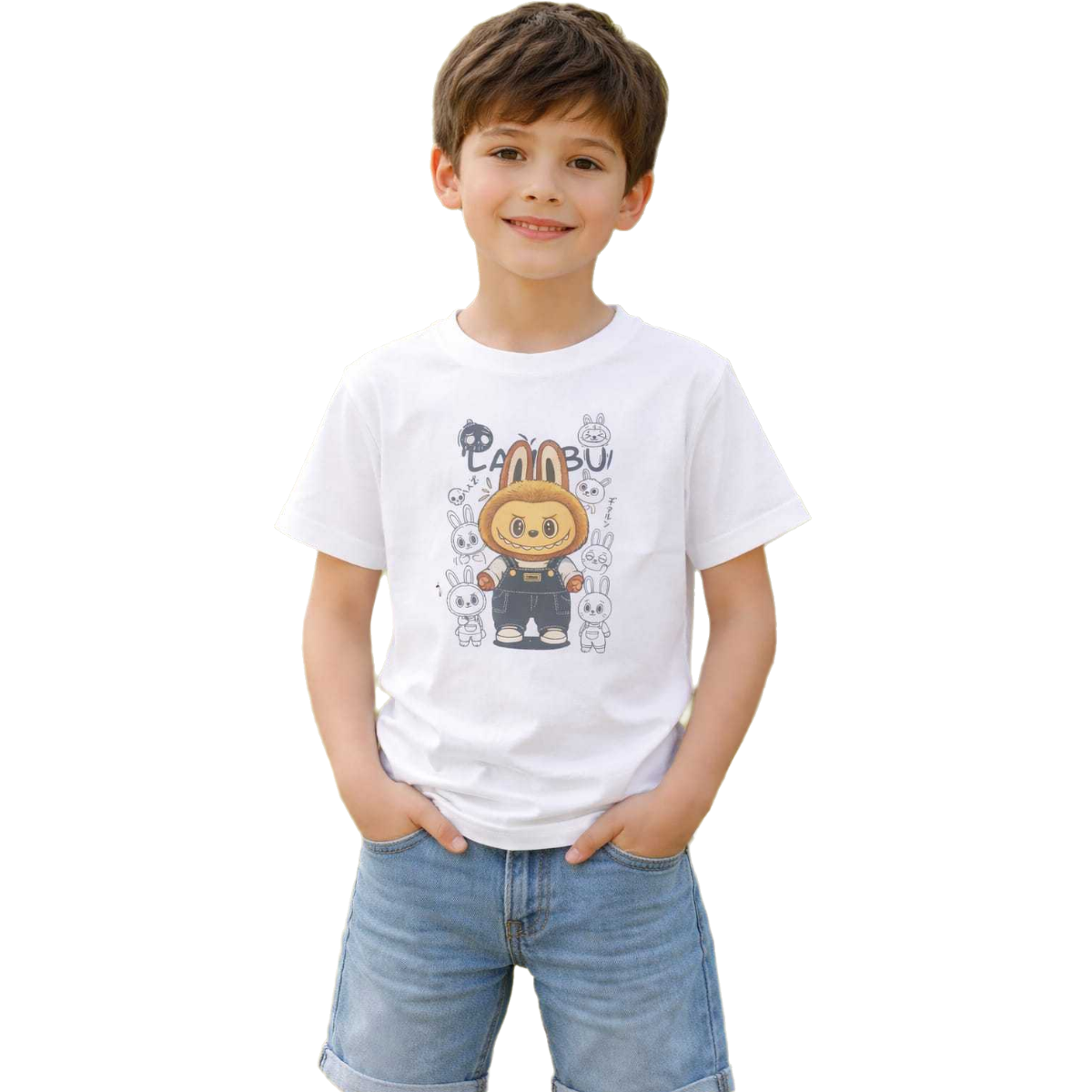 Kids' Premium Cotton T-Shirt - Trendy Cartoon Character Graphic Print - Soft & Breathable White Tee for Boys & Girls