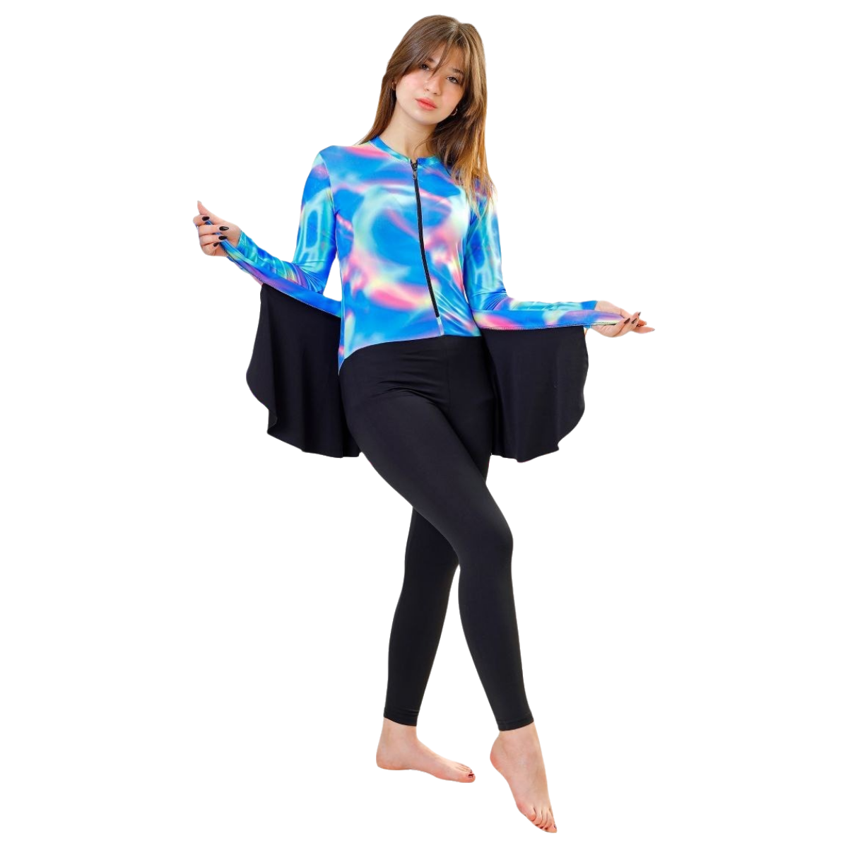 Women's 2-Piece Burkini Swimsuit - Galactic Print Zip-Up Top with Black Leggings - Premium Lycra Fiber Fabric.