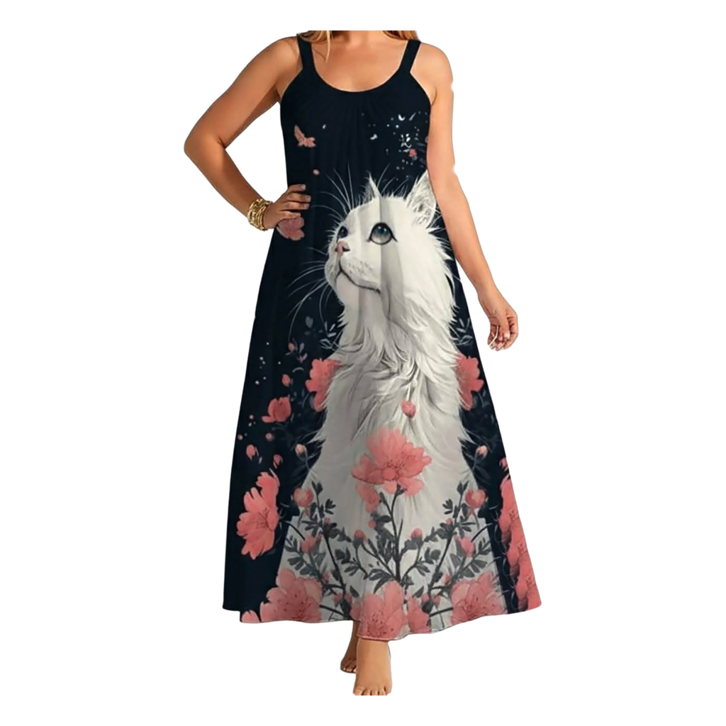 Women's Sleeveless Maxi Dress with Artistic White Cat & Floral Print - Casual Summer Long Dress - Up to 70 KG