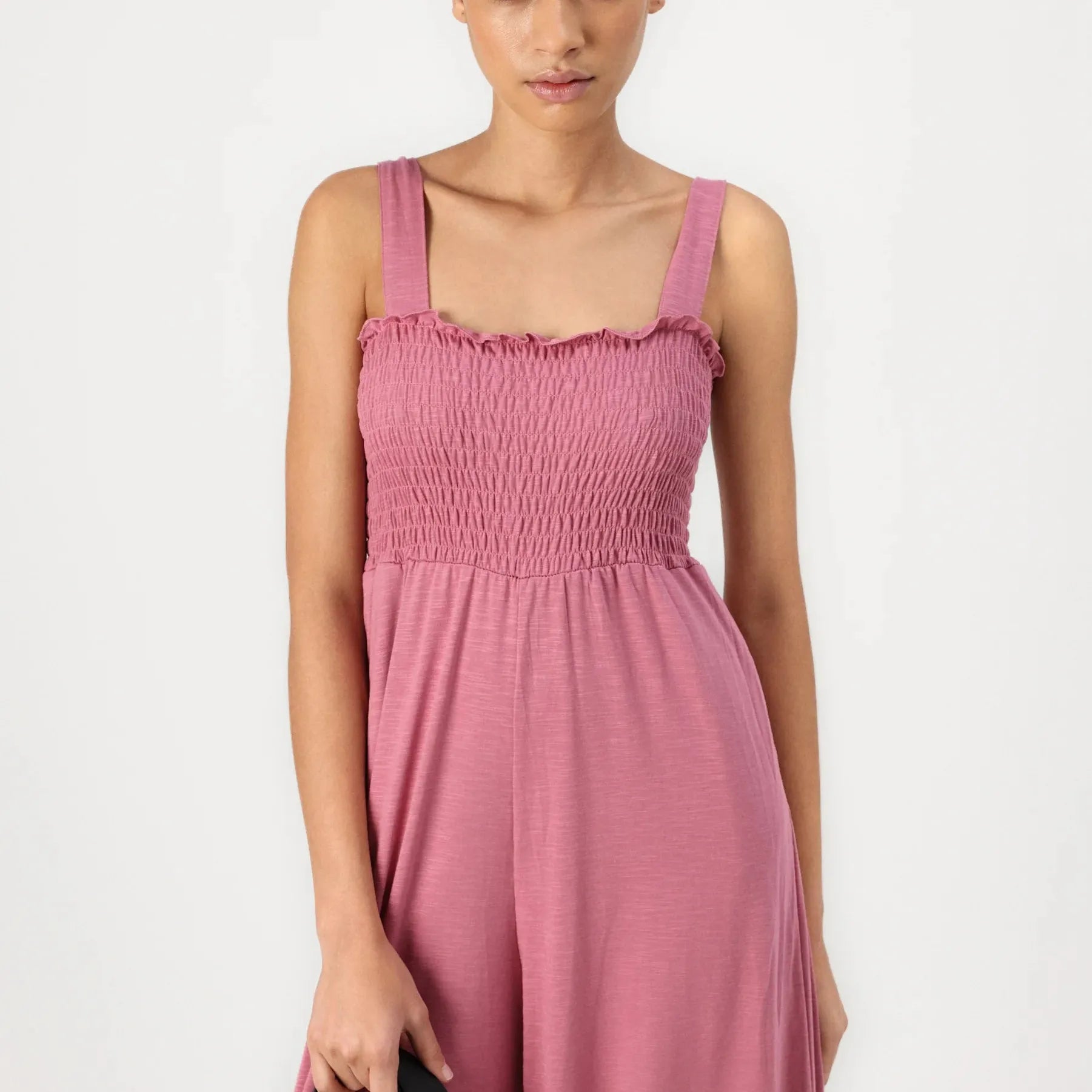Smocked Bodice Solid Knit Jumpsuit